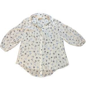 Hope & Harlow SIZE 1X White Blue Nautical Button-Down Coastal Anchor Blouse